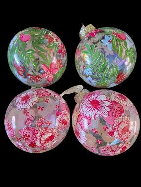 Lilly Pulitzer Floral 4 Glass Christmas Ornaments Set Of 2 Boxes Holiday Decor